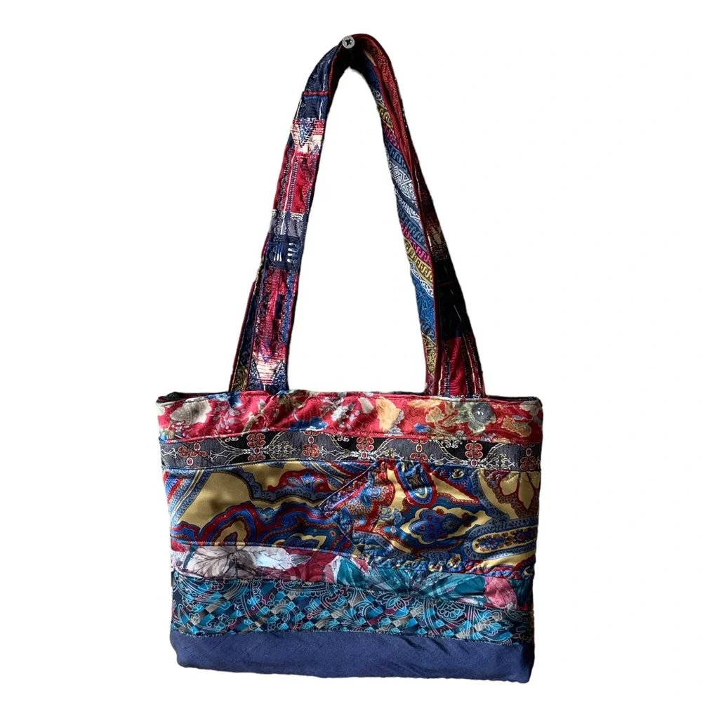 A Katie Bag by Katie Loper Fabric Patch Work Purse with Contrasting Stitch - Picture 1 of 16